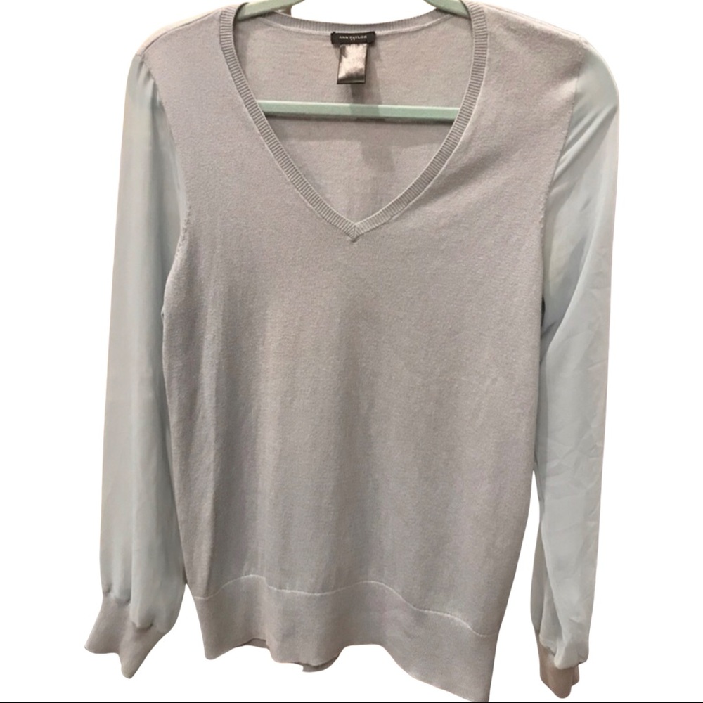 Ann Taylor lightweight sweater, light bluish gray, sheer sleeves